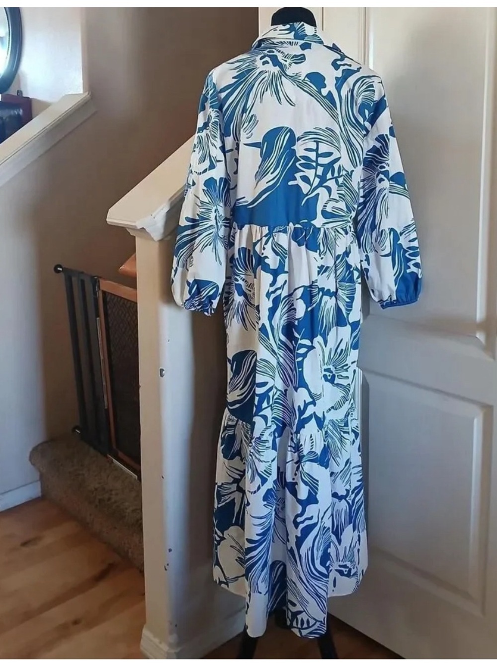 Anthropologie Maeve Women XXS Bettina Tiered Shirt Dress Blue Floral 3/4 Sleeves - Picture 4 of 9